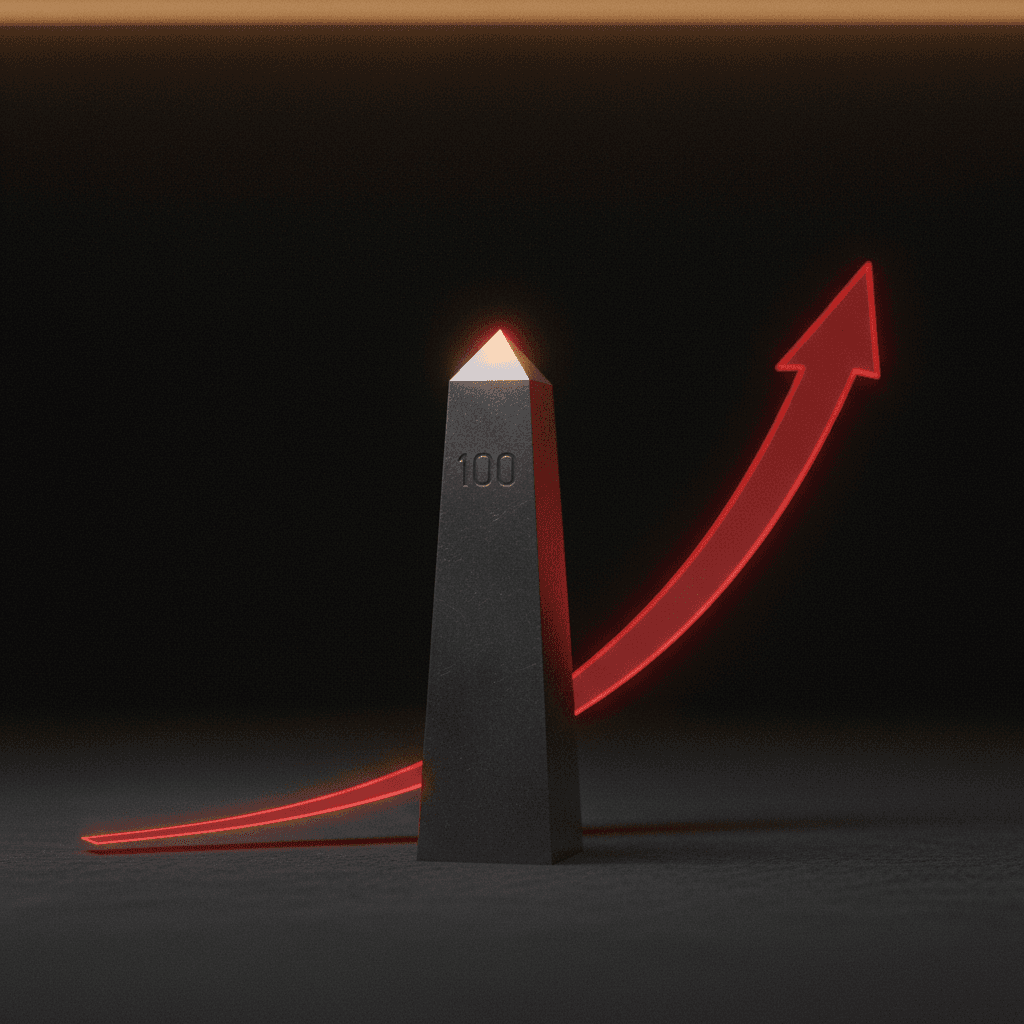 A precision metallic obelisk milestone marker etched with the number 100, hyperbolic flow trail rim-lit in brand red, representing SOL approaching $100 as ETF inflows cross $1B