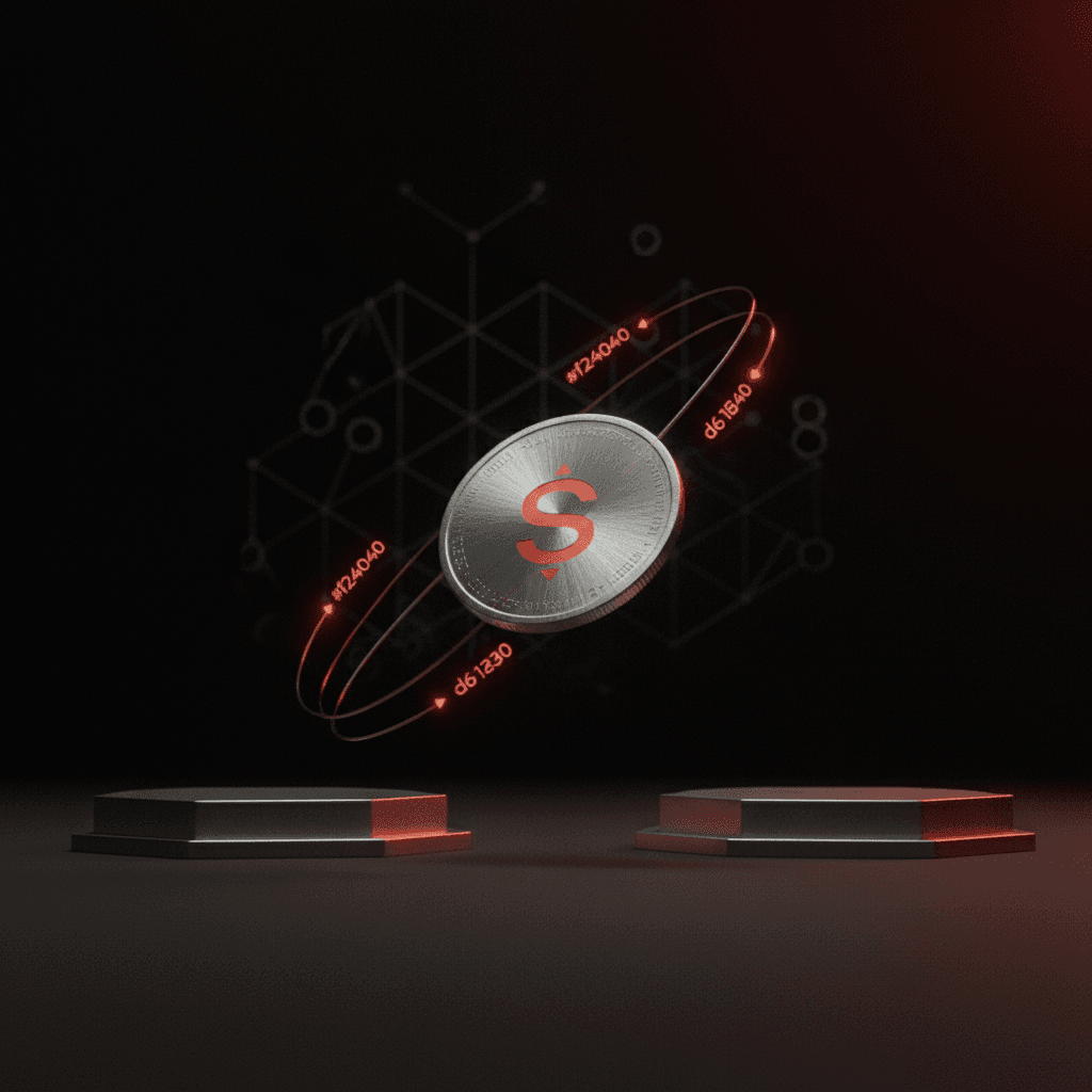 Ilustración editorial del recorrido de una transferencia de SOL: un disco minimalista del token Solana con flechas que van de un exchange a una billetera