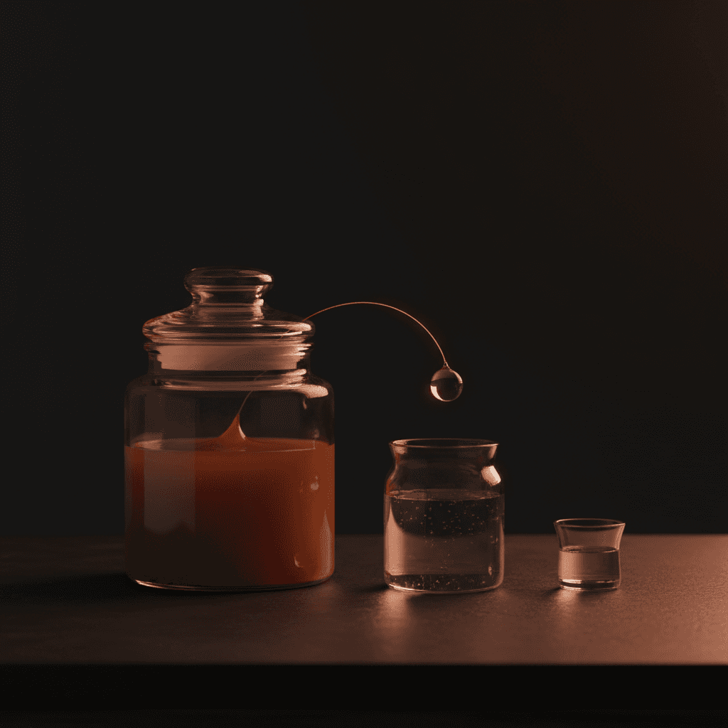 Two glass jars on a near-black counter, the larger one sealed and glowing amber, the smaller one half-empty with a thin red filament connecting them