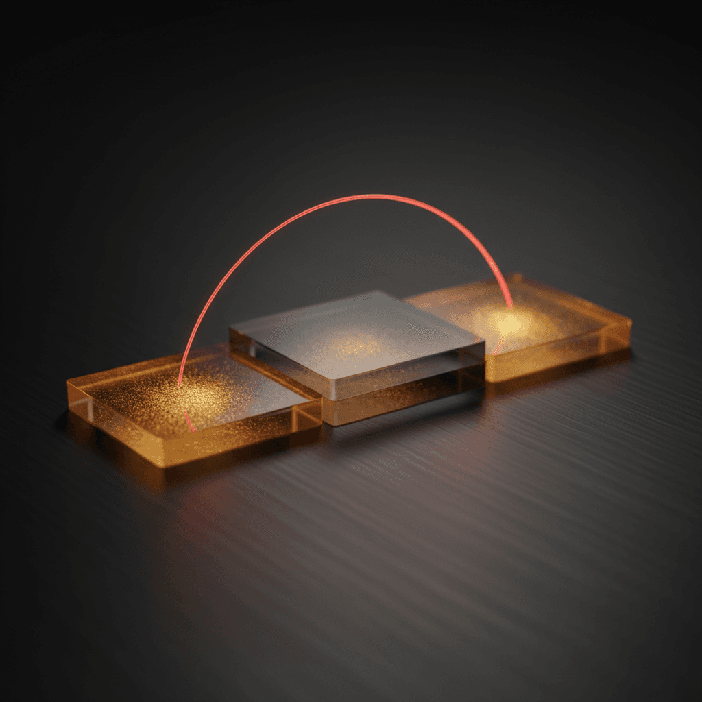 Solana sandwich attack illustration, three glass slides with a thin red filament wire binding them as an atomic bundle, squeeze metaphor