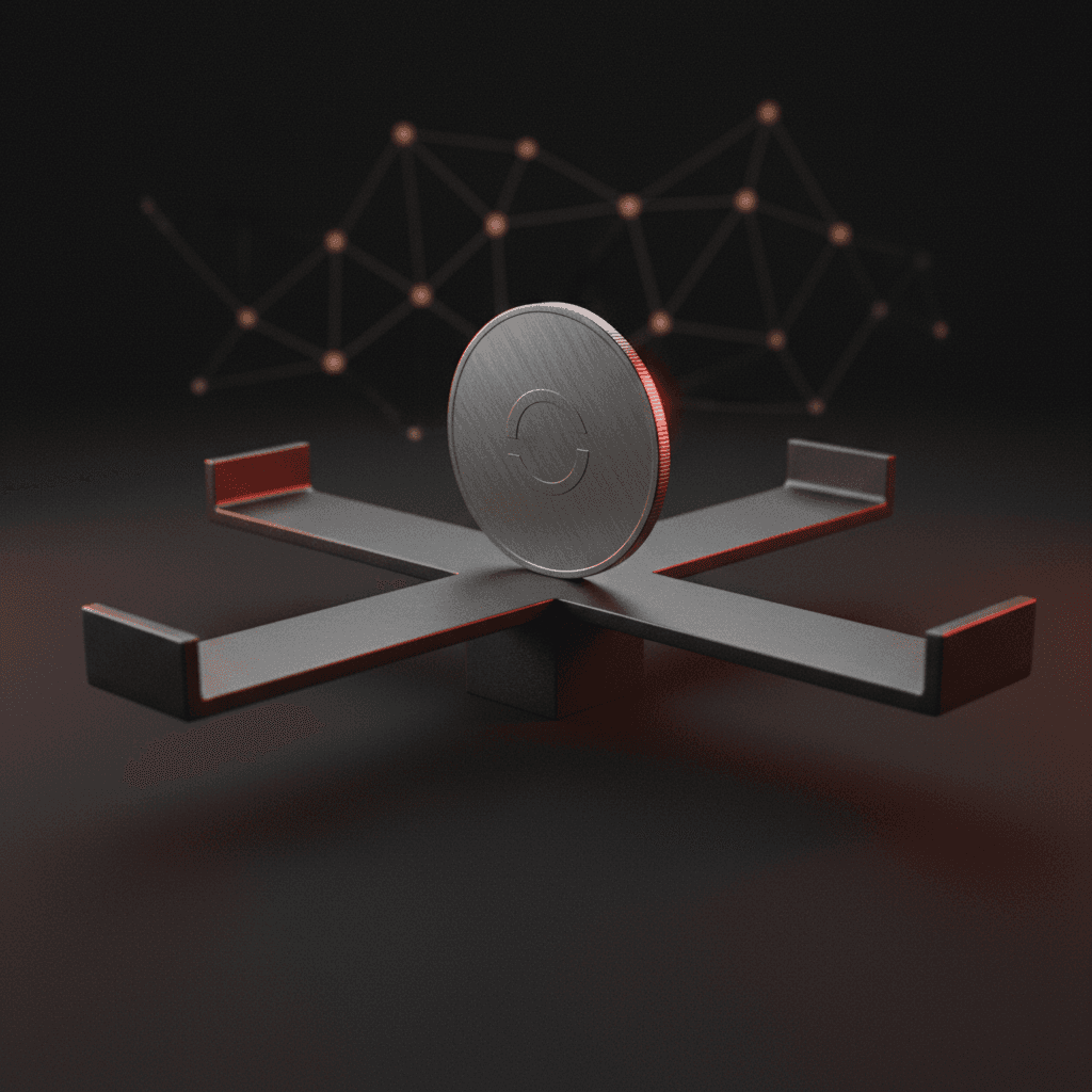 Editorial illustration of a Raydium V4 liquidity pool: a single balanced token disc on a two-sided equilibrium platform