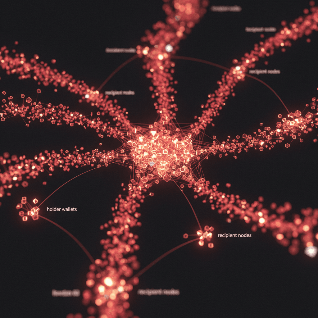 Solana snapshot airdrop illustration — token flow from a holder list to recipient wallets, cinematic editorial