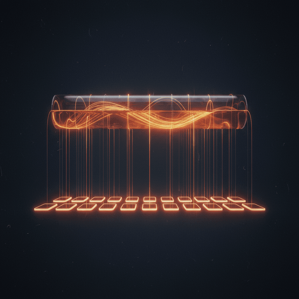 Dark scene with a row of small glowing wallet rectangles, each casting a thin warm light thread up into a single glass pool above