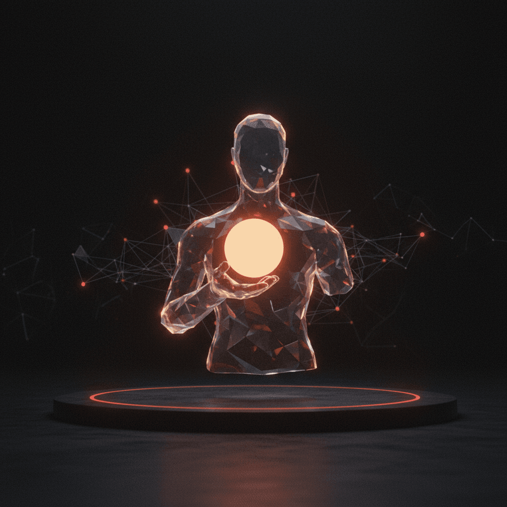 Solana ağı üzerinde holografik AI silüeti elinde stablecoin parçacığı tutuyor