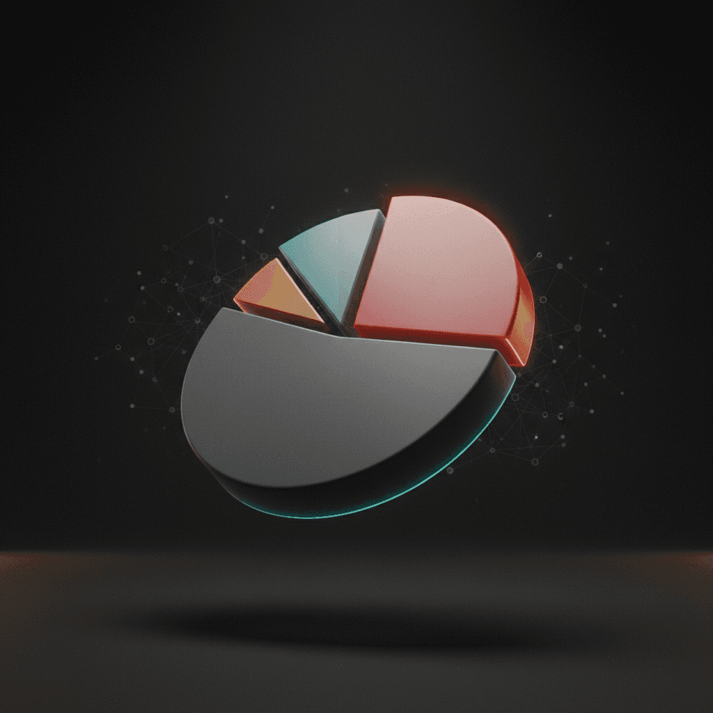 Tilted 3D pie chart on a dark editorial background, the largest slice rim-lit in brand red representing market cap composition