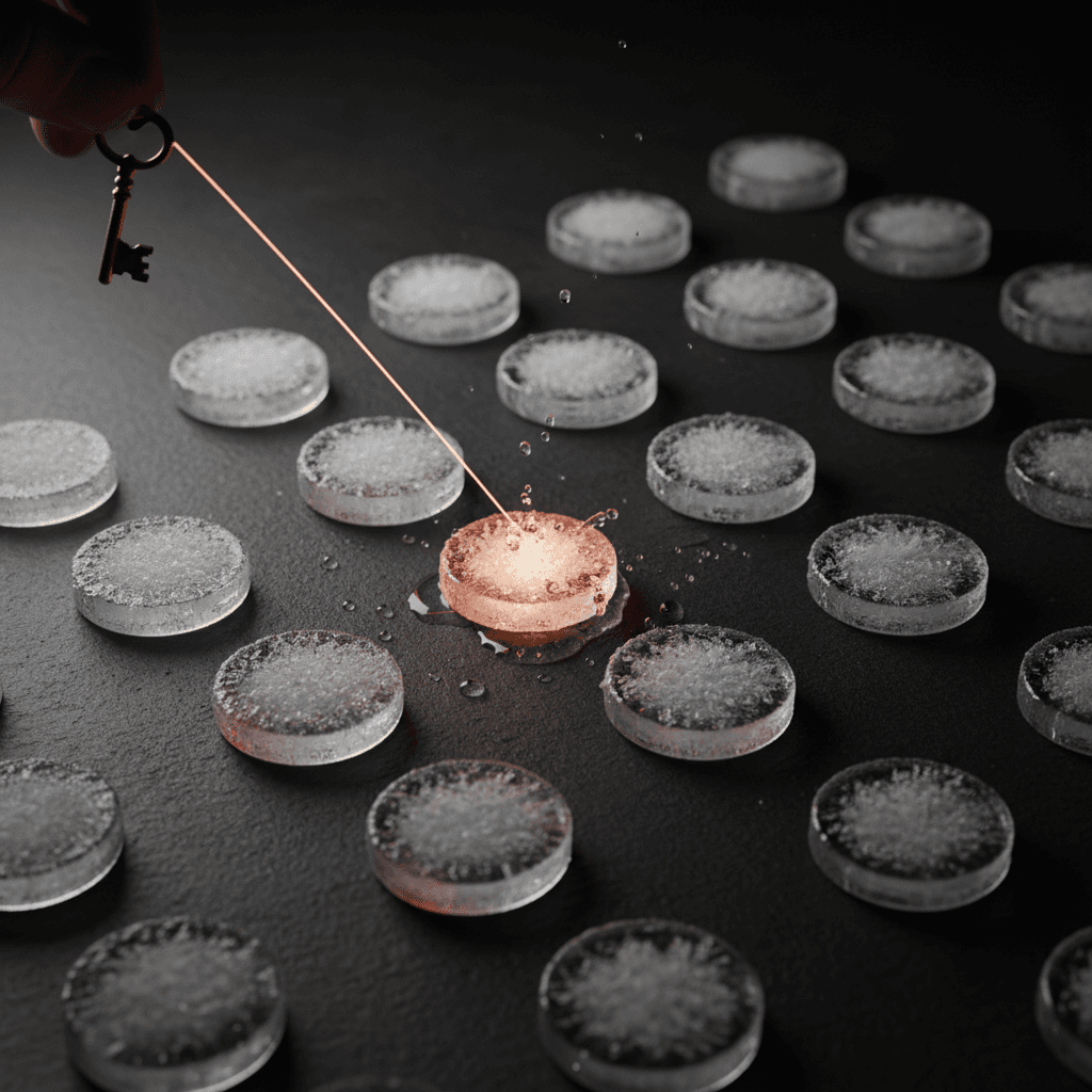 A grid of frosted glass tokens on near-black with one central token mid-thaw, glowing warm amber as ice melts off while a thin red filament reaches from an authority key toward it