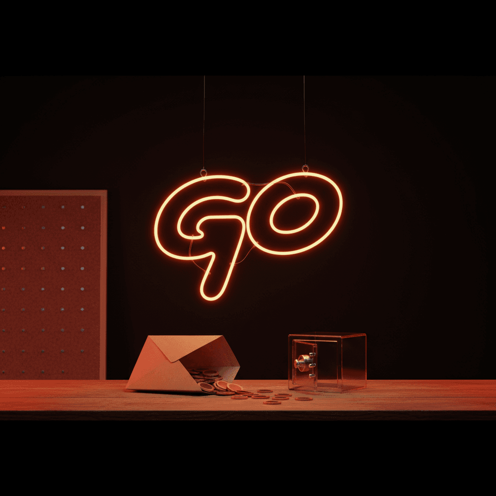 Dark editorial scene with an amber neon GO sign above an open envelope spilling bounty coins into a glass safe