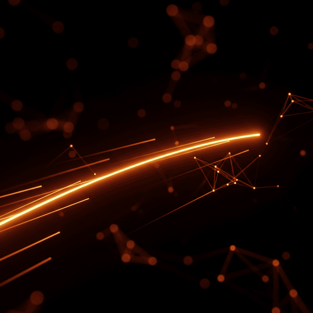 A single bright amber light trail racing ahead of slower, dimmer trails across a near-black field, illustrating Solana's speed