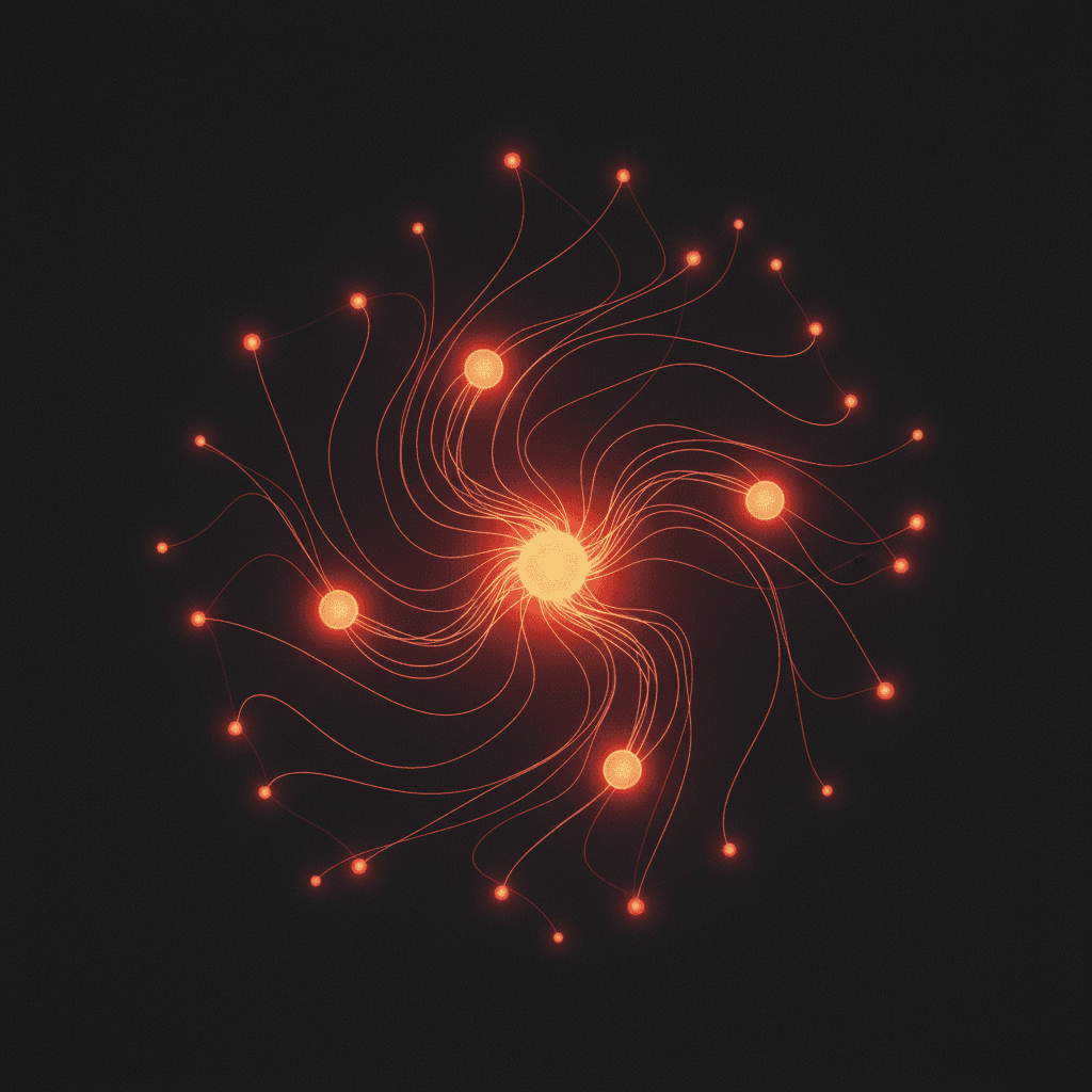 Ilustración de la estructura de billeteras de un lanzamiento de token Solana: un núcleo brillante, cuatro nodos medianos y un anillo de puntos rojo anaranjado unidos por hilos de luz en espiral