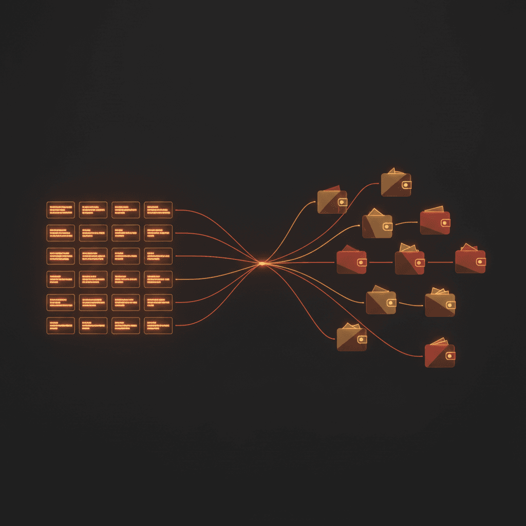 A near-black scene with 24 small glowing tiles forming a grid, red-amber threads extending from the right edge to small wallet silhouettes