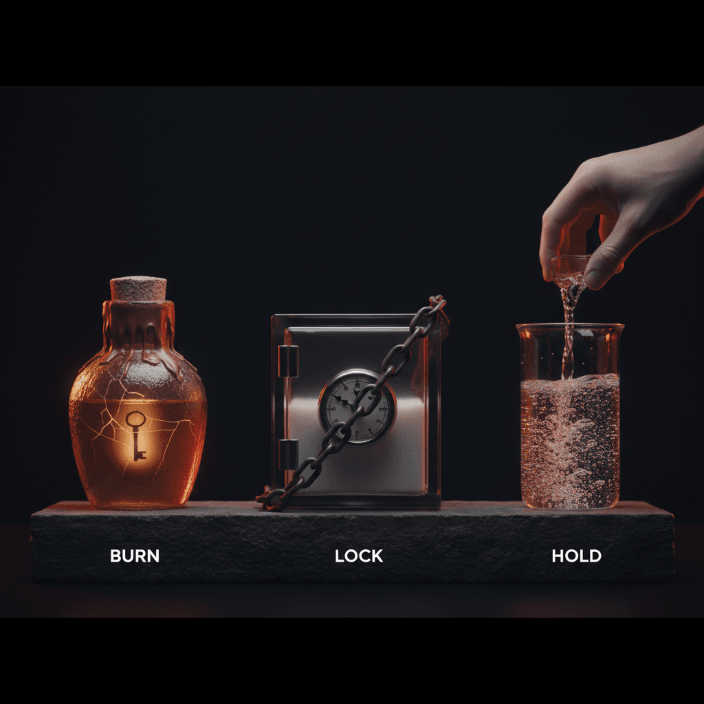 Three glass vessels on a dark plinth: sealed urn, time-locked safe, open beaker