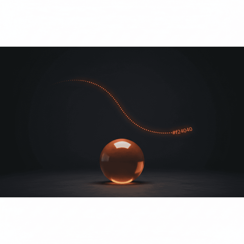 A large amber sphere resting low in the frame with a faint dotted arc above tracing the height it fell from, near-black background, single red-amber accent, cinematic editorial