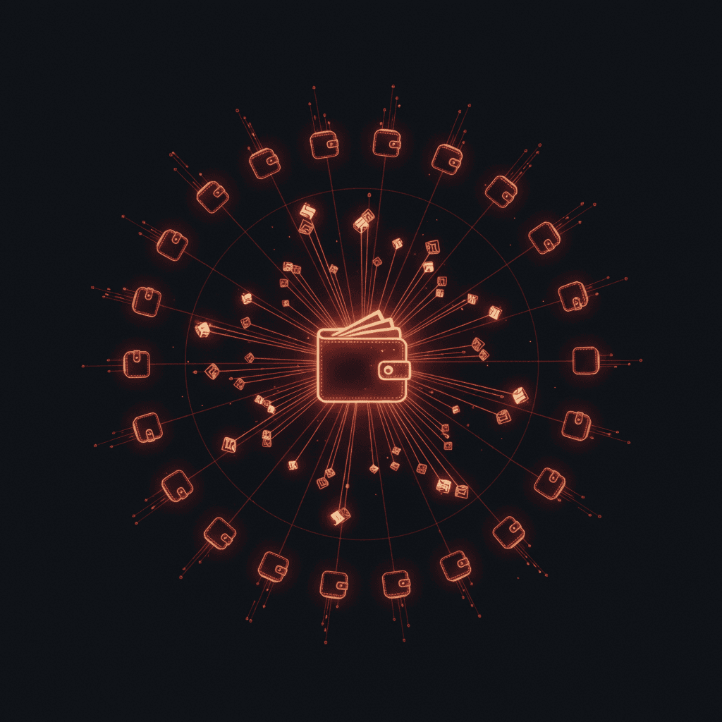 Solana multi-sender visualization, a single glowing source wallet at center sending fan-shaped streams of tokens outward to many smaller destination wallet nodes arranged in an ordered burst around it, cinematic editorial