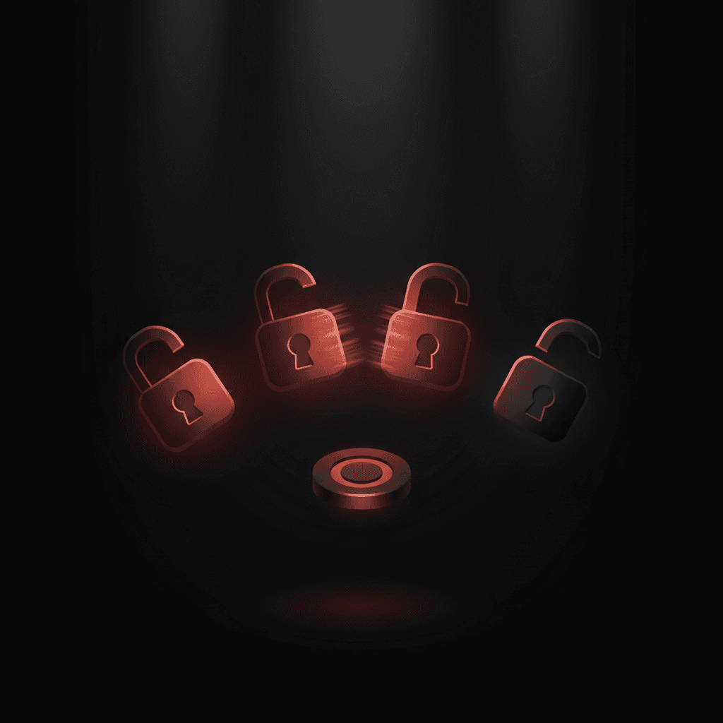 Three padlocks closing over an abstract Solana token, representing mint, freeze, and update authority being revoked, cinematic editorial