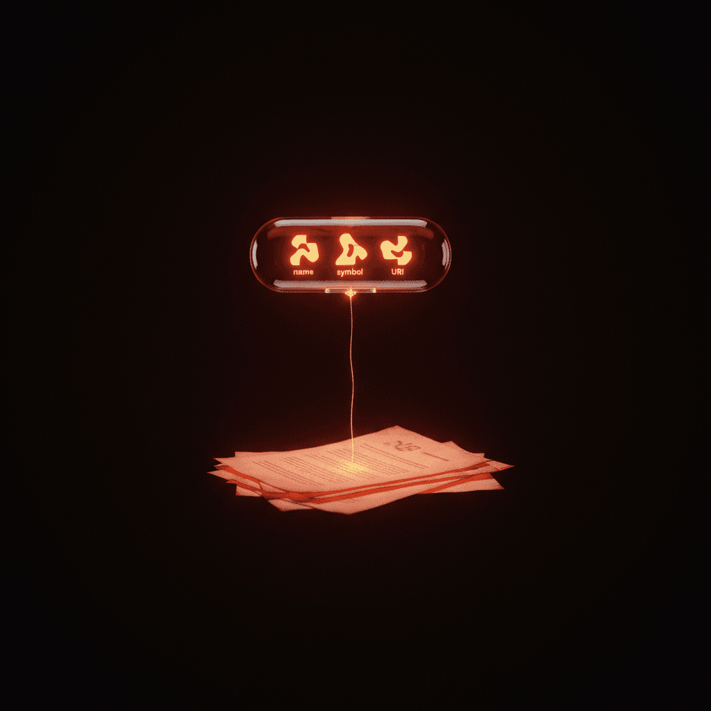 Ilustración de las dos capas de metadata de un token de Solana: arriba una cápsula luminosa para el registro en la red, abajo un montón de hojas para el archivo, unidos por un hilo fino