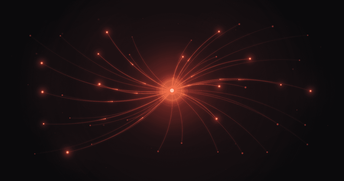 Small nodes scattered across a dark frame, several holding an ember glow, with thin threads running from each one into a single bright node at the center
