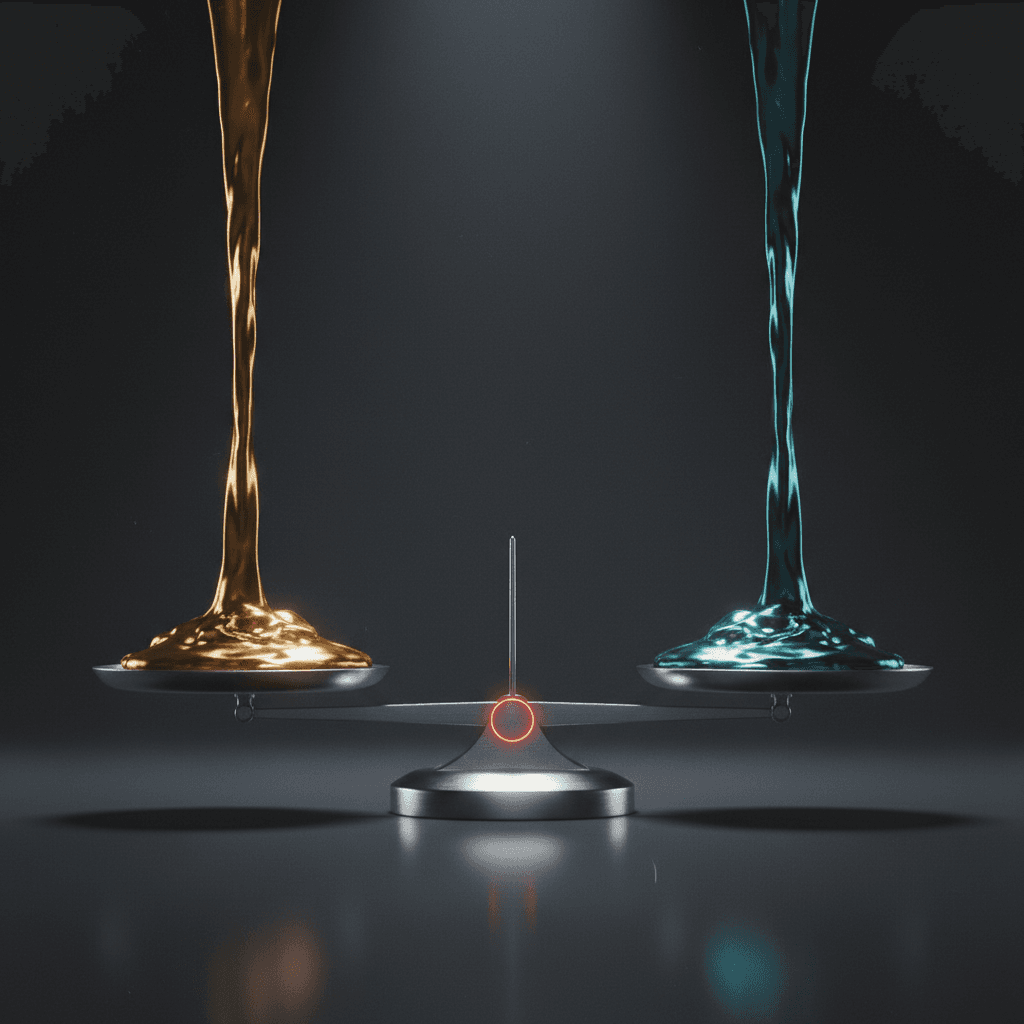 Two streams of viscous liquid meeting at a precision balance scale, representing equilibrium between paired assets in a liquidity pool