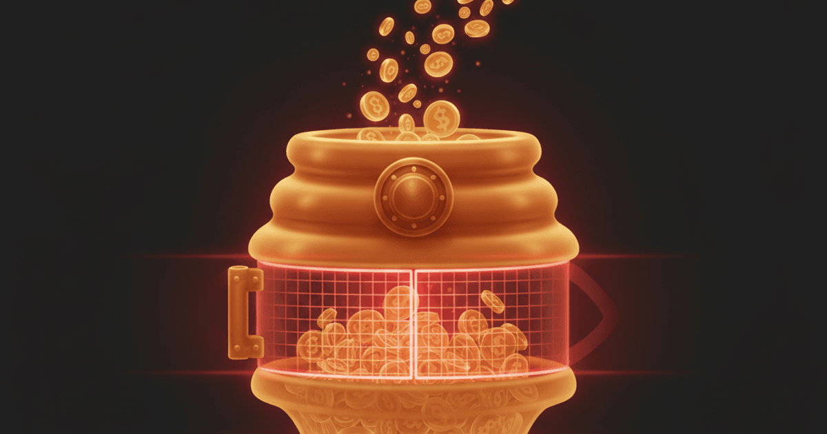 Dunkle redaktionelle Illustration einer leuchtenden bernsteinfarbenen Tür, die offen in einer schwarzen Leere steht, Fußspuren führen hinein und keine wieder heraus, als Sinnbild für die Falle eines Honeypot-Tokens