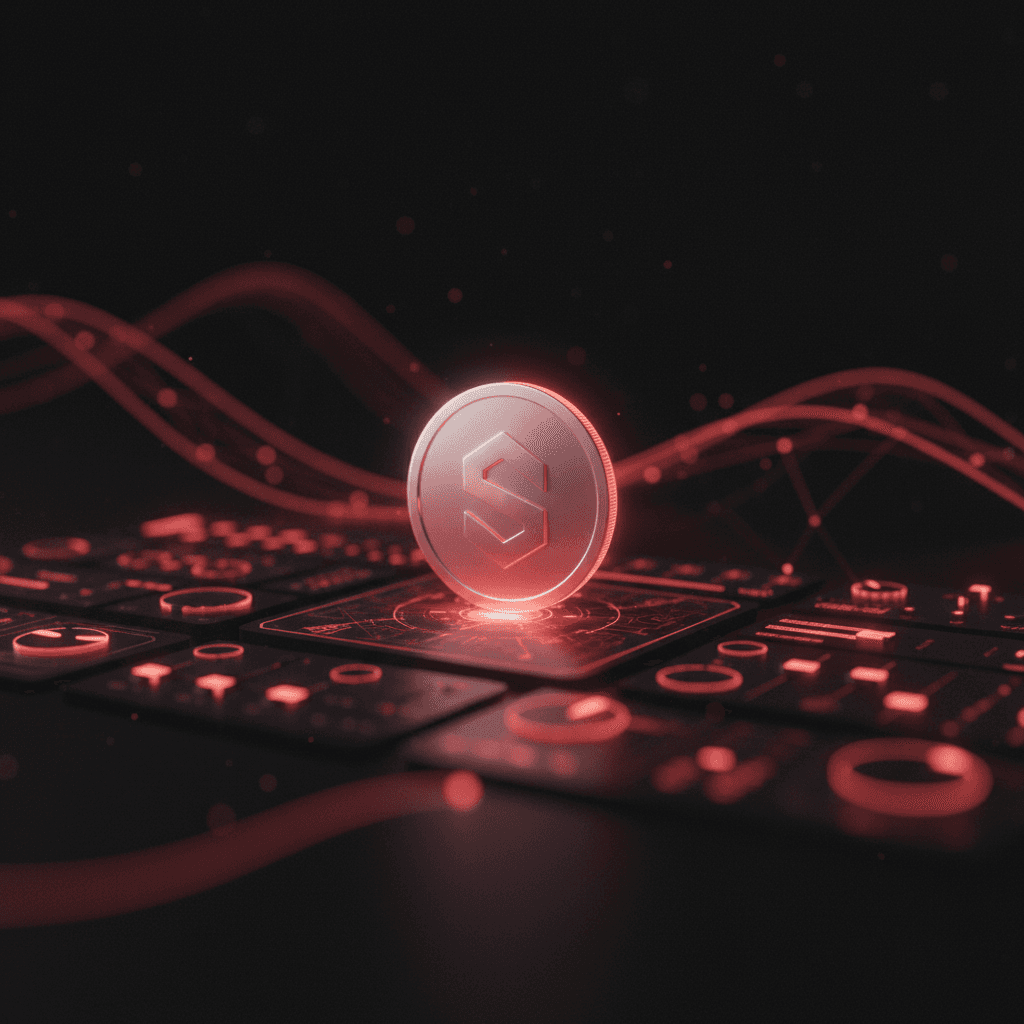 Ilustración de creación de un token en Solana: un token nuevo tomando forma desde un panel de configuración bajo luz editorial rojo ámbar