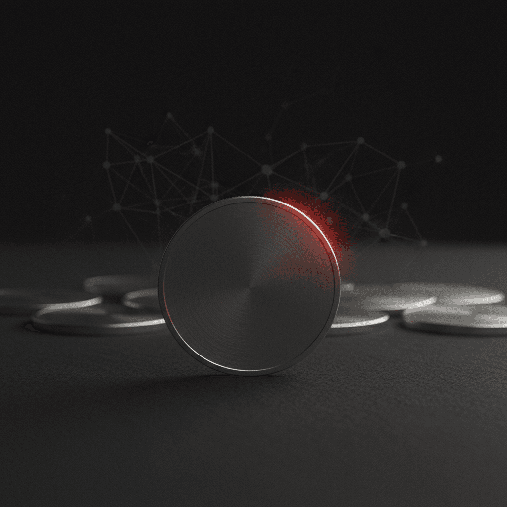 Editorial illustration of Solana token holder issues — a clean wallet card foreground with scattered token discs in the dark background