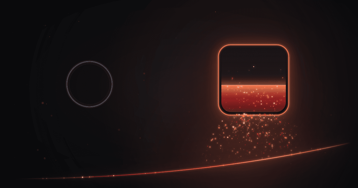A dim hollow ring for the wallet on the left and, on the right, a rounded vault glowing ember as bright particles rise into it from a curve along the bottom, with no line between them