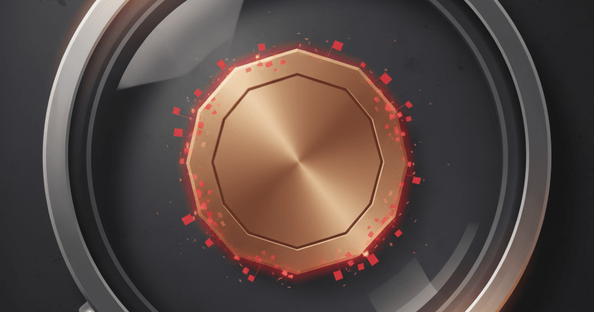 Solana rug pull check illustration — a single token under a magnifying glass revealing red-flag signals, cinematic red-amber editorial