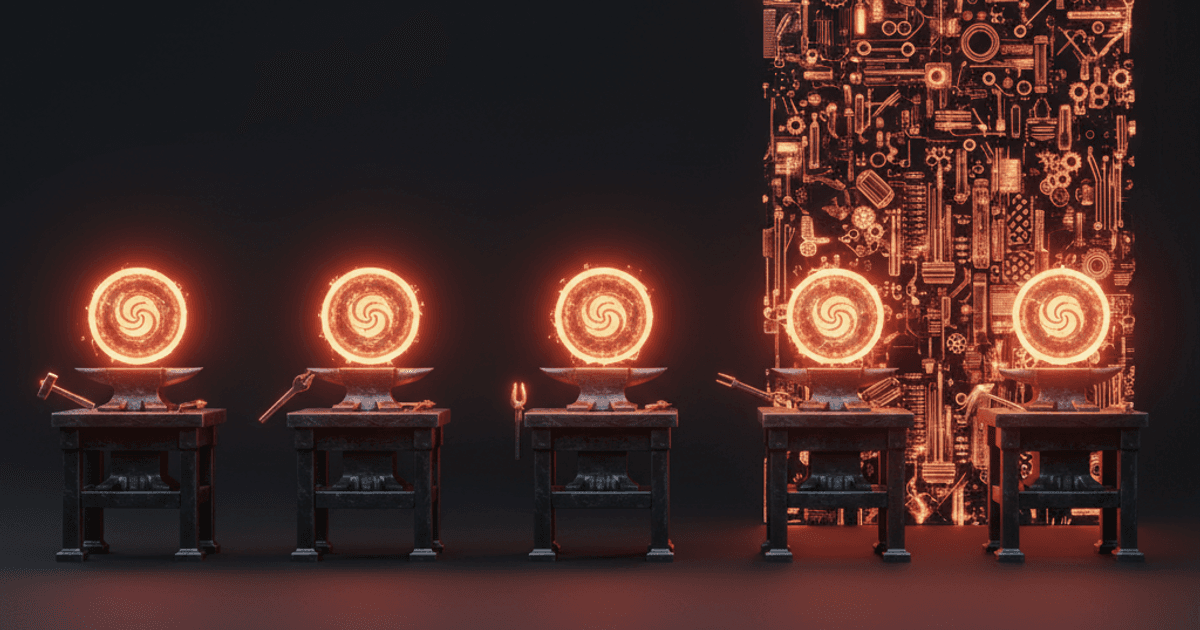 Editorial cover for a Solana token creator comparison, five platform panels lit in red and amber against near-black, one panel highlighted for j.tools.