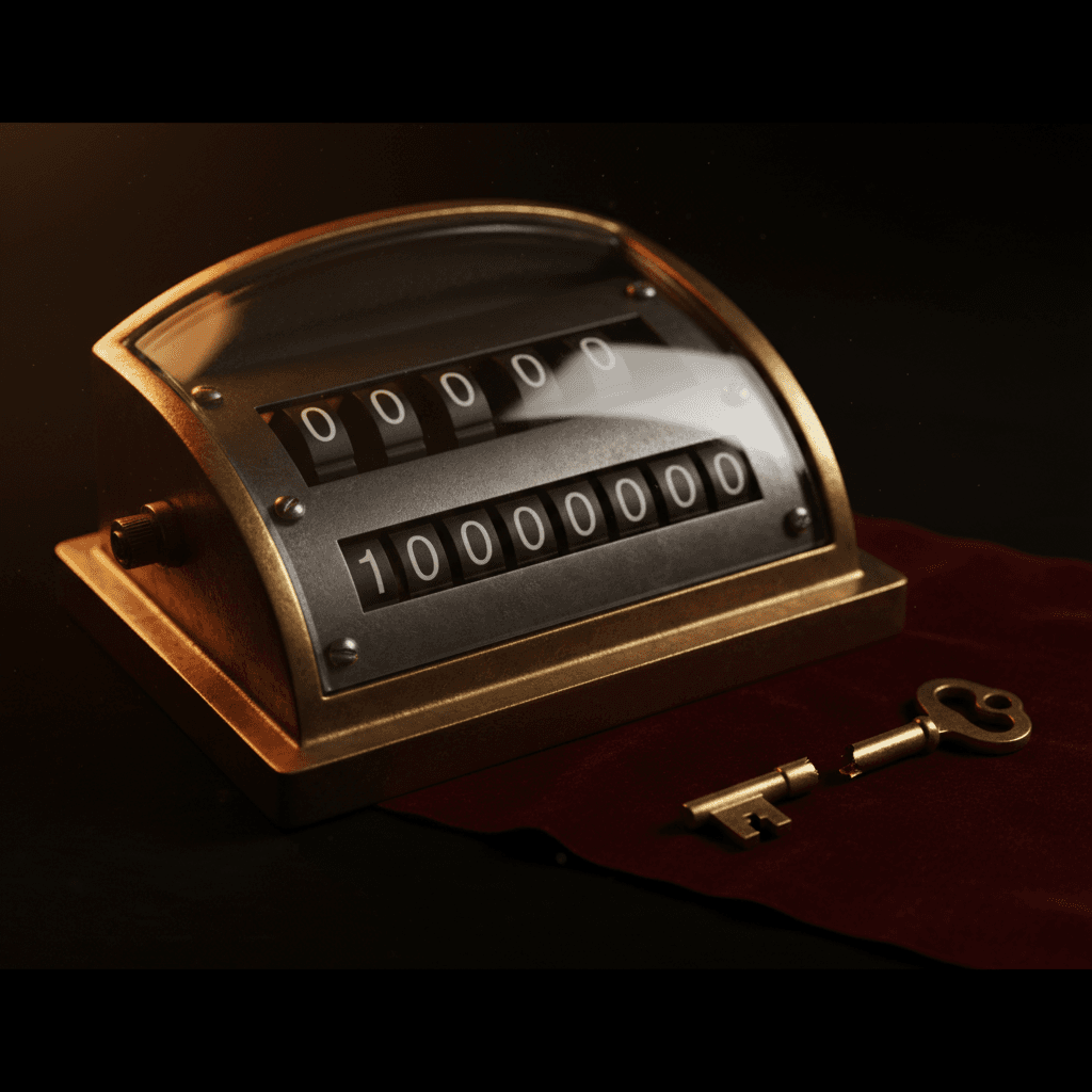 A locked mechanical odometer dial showing 1.000000 on a near-black surface, a broken brass key resting beside it on velvet