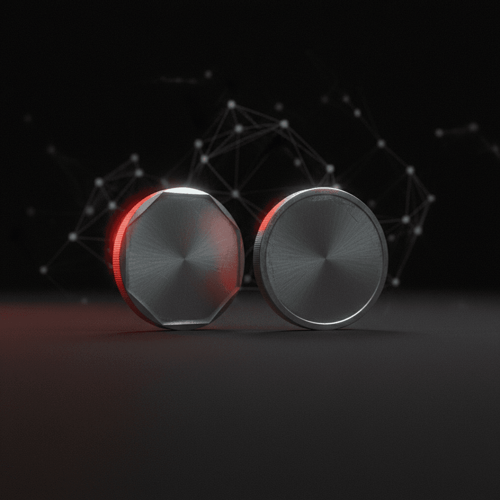 Editorial illustration comparing a memecoin and a utility token: two minimalist discs side by side with a warm-red accent rim