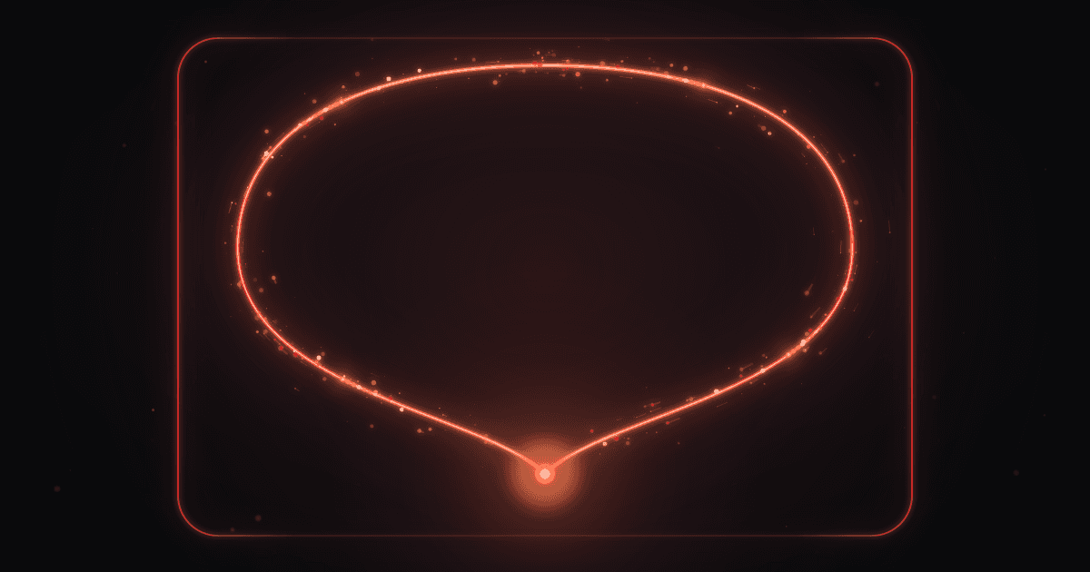 A small bright disc at the bottom centre sends a large arc of light up and around and back down into itself, the whole arc enclosed in one thin rounded bracket frame
