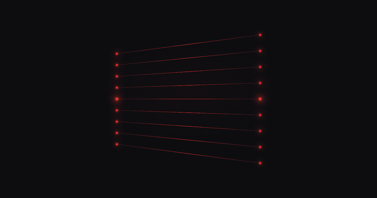 Two vertical columns of small red points on a near-black field, each point on the left joined to exactly one point on the right by a straight thin line, no line crossing another