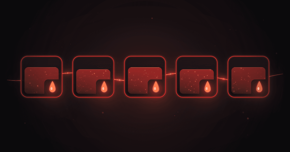 Five rounded token accounts in a row joined by a thin flowing line, each with a small separate glowing ember droplet in its lower right corner