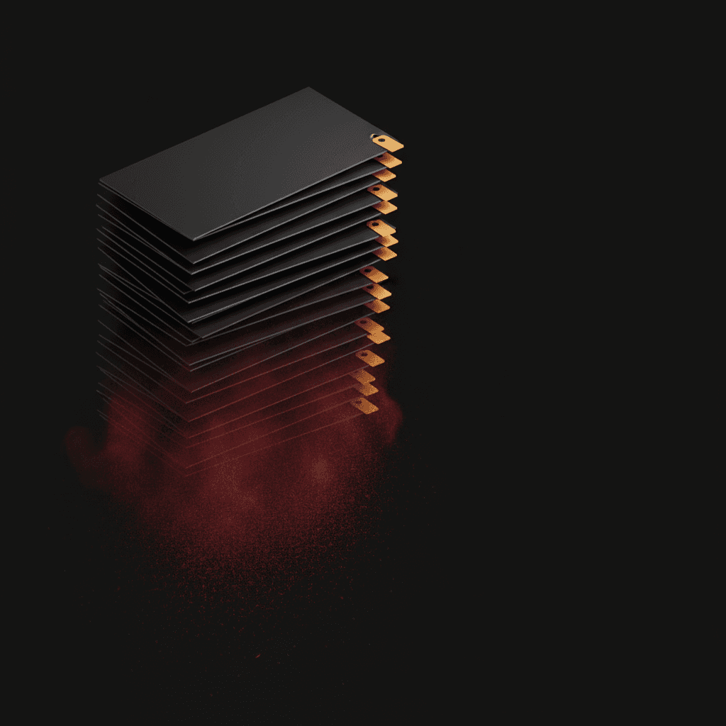 Illustration éditoriale : une haute pile de cartes sombres à onglets cuivrés, dont la moitié basse se dissout en poussière rouge, image des comptes vides accumulés