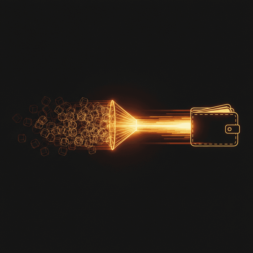 Illustration éditoriale : des cubes filaires dispersés traversent un cône lumineux et filent en traînée de lumière vers la silhouette d'un wallet, image de la fermeture par lots