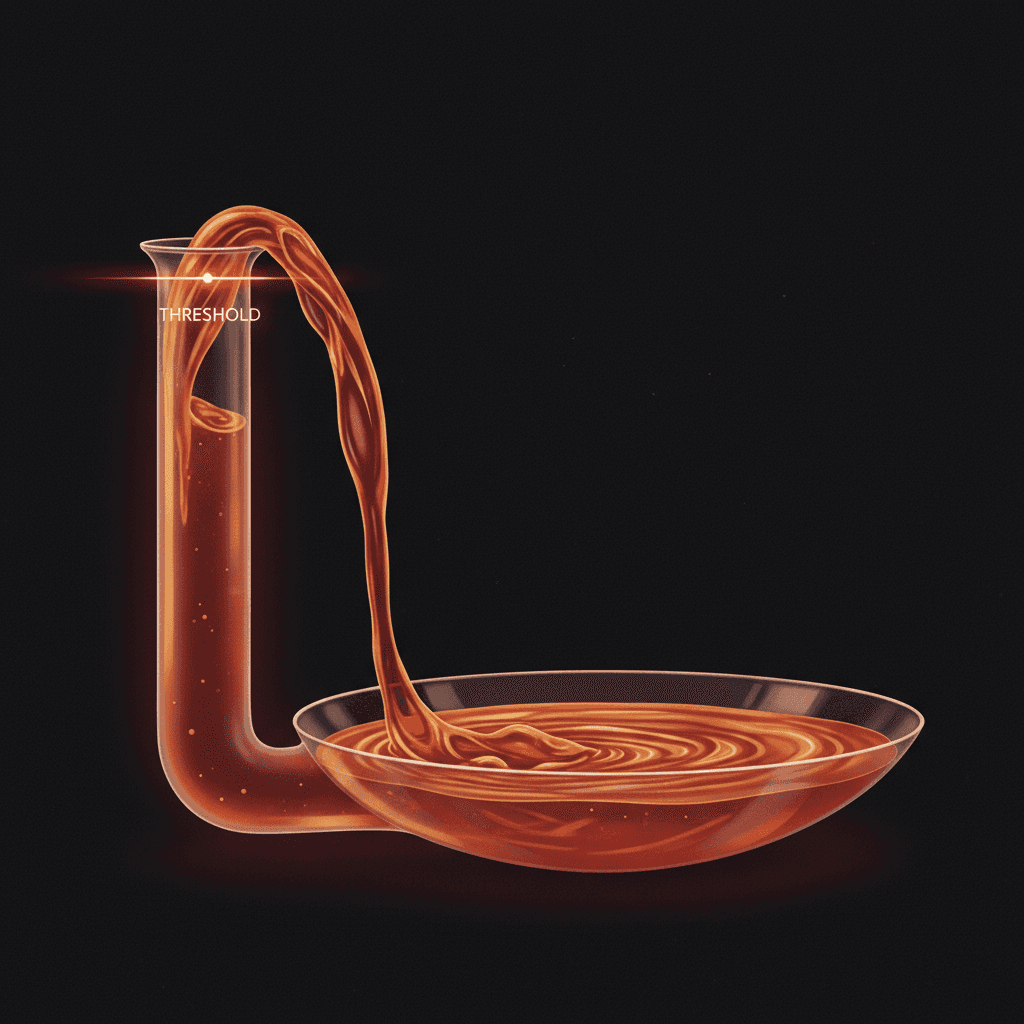 Pump.fun vending machine to real market pool transition shown as a filling narrow tube spilling into a wider pool