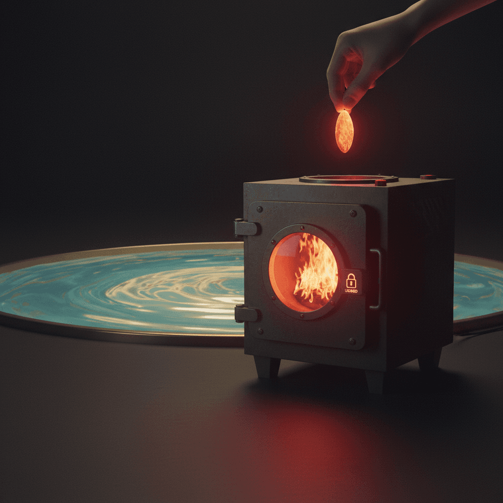 Pump.fun liquidity certificate burning inside a sealed incinerator while the new market pool runs quietly in the background