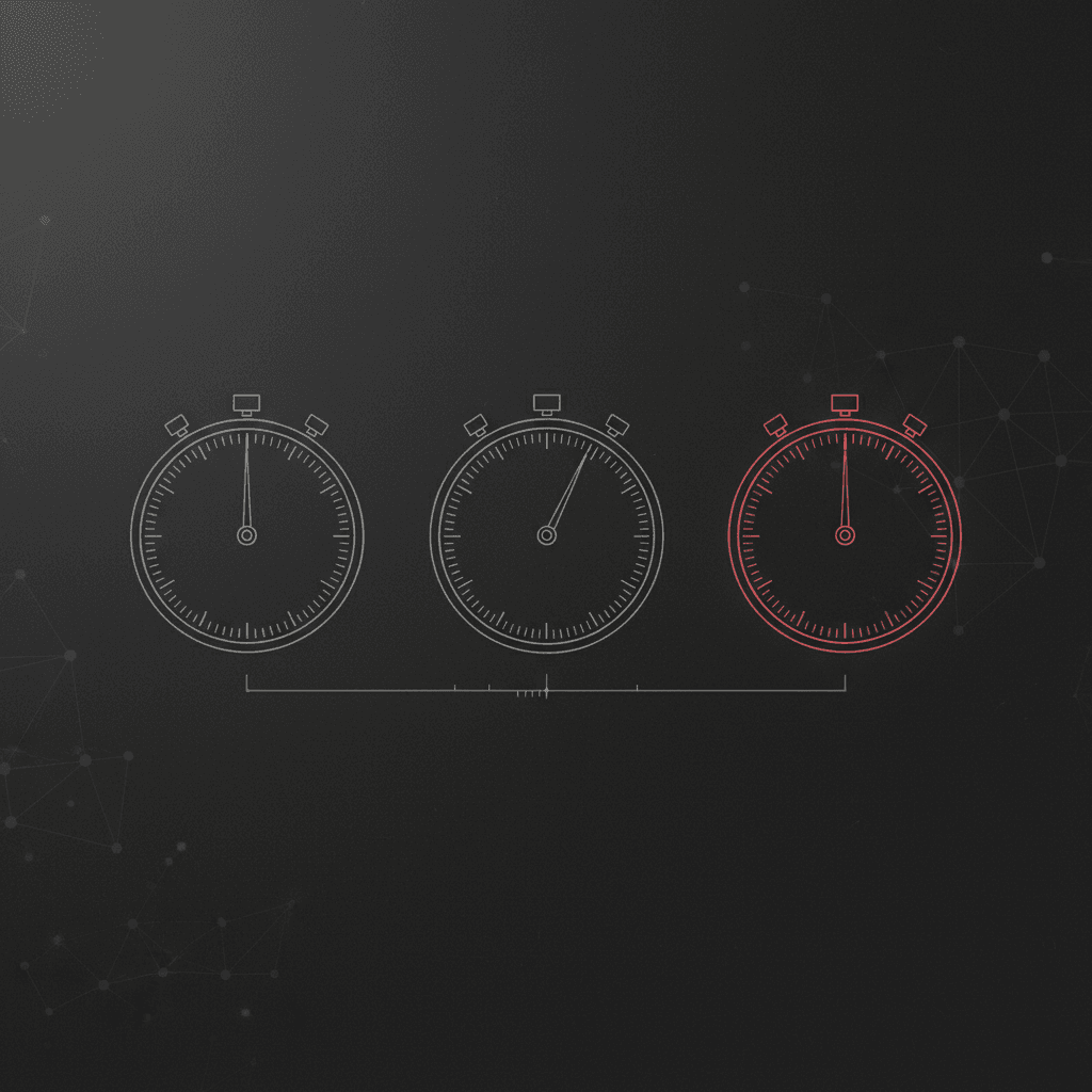 Three precision chronograph dials side by side showing Solana finality dropping from 12.8 seconds to 150 milliseconds