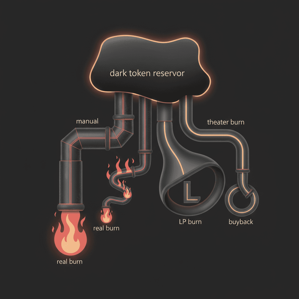 Taxonomy diagram of burn channels descending from a token reservoir, some ending in flame, others looping back into the reservoir