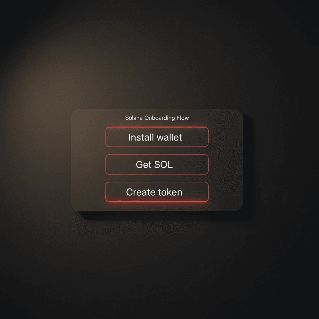 Scheda scura con tre pulsanti impilati dal bordo rosso luminoso: installare un wallet, procurarsi SOL e creare un token, con l'ultimo più acceso degli altri