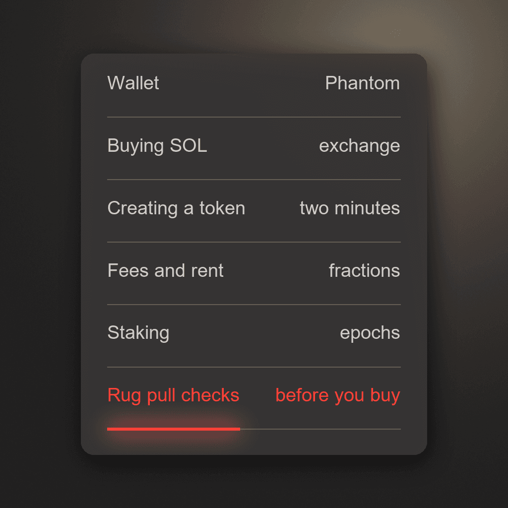 Scheda grigio scuro con sei righe, un tema a sinistra e una risposta breve a destra, dal wallet allo staking, con l'ultima riga sui controlli anti rug pull evidenziata in rosso