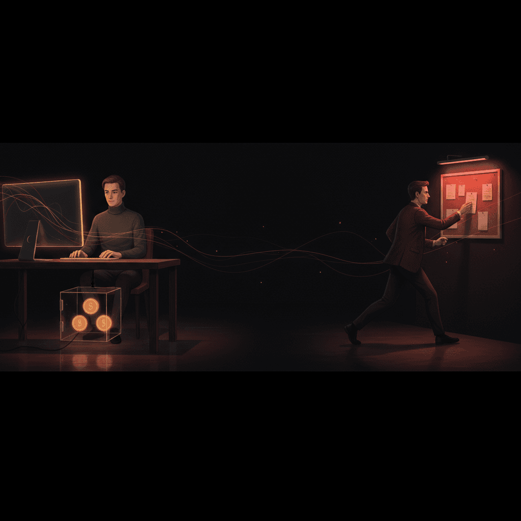Ein Mann tippt am Schreibtisch vor einem hellen Monitor, unter dem Tisch liegen drei glühende Münzen in einer Glasbox; rechts greift ein Mann in roter Jacke nach einem Zettel an einer Pinnwand