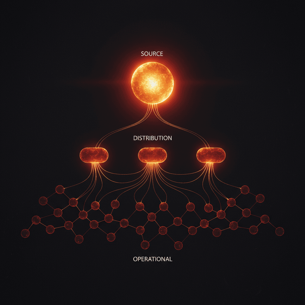 Schema a tre livelli su fondo nero: in alto una grande sfera arancione luminosa con la scritta SOURCE, al centro tre capsule luminose con la scritta DISTRIBUTION, in basso un'ampia rete di piccoli nodi rosso scuro con la scritta OPERATIONAL, uniti da sottili fili di luce