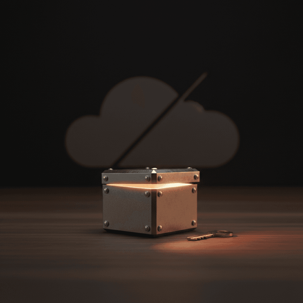 A locked metal box slightly ajar on dark wood with warm light spilling out and a small key beside it, with a faint struck-through cloud icon behind