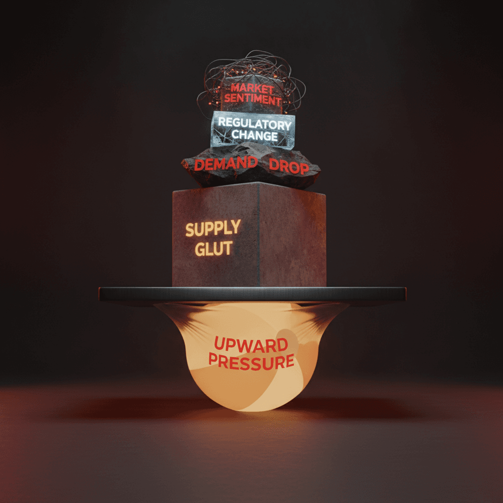 A flat platform pressed down by several stacked weights with a single beach ball straining upward against the pressure, near-black background, amber accent