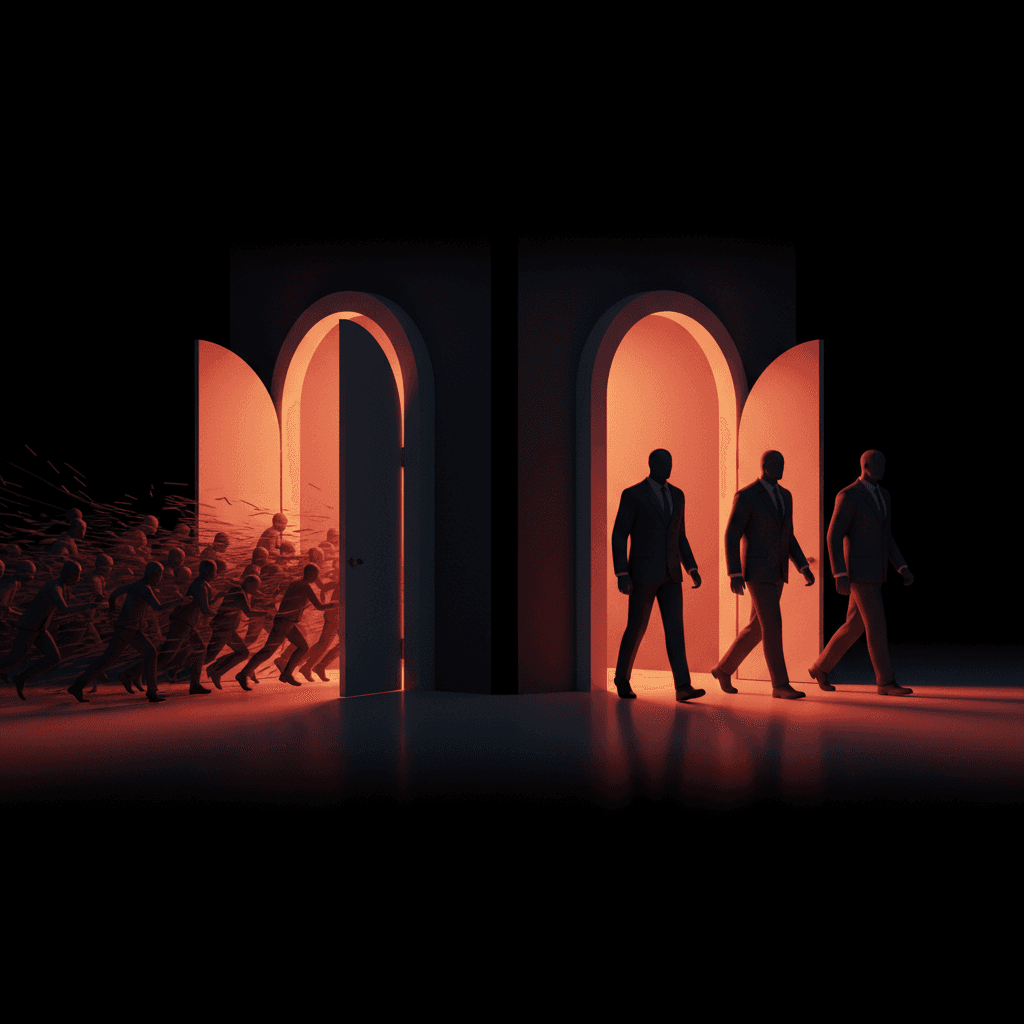 A crowd of small figures streaming out one doorway while a few large steady figures walk in the opposite doorway, two arrows pointing opposite ways, near-black background, amber accent