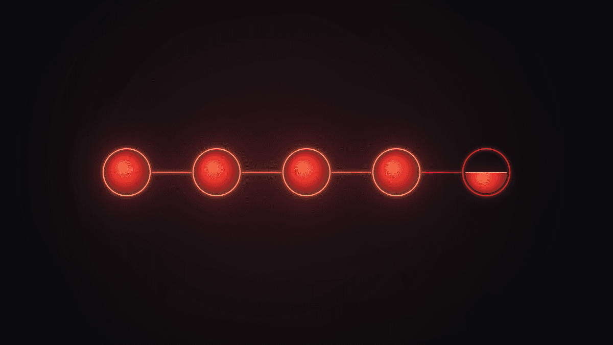 Five rings in a row joined by one line on a dark background; the first four are filled and glowing red, the fifth is only half filled