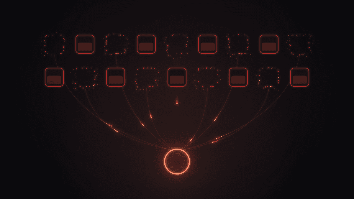 A grid of small rounded-square accounts on a dark background; about half are empty outlines breaking into dots, each sending a small spark down to one ring at the bottom