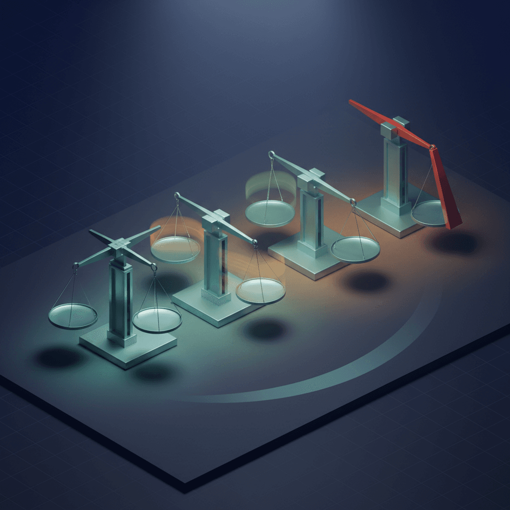 Balanzas isométricas que se inclinan en secuencia al subir la relación de precios, con sombras que trazan la curva de pérdida impermanente