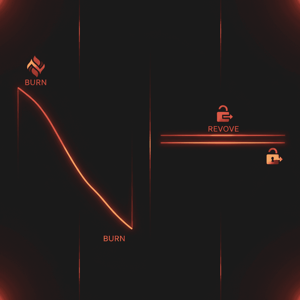 Two supply curves side by side; the left one drops toward baseline (burn reduces current supply), the right one holds flat with a glowing horizontal ceiling above it (revoke locks the ceiling), cinematic editorial