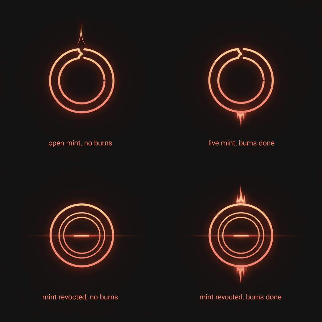 A 2x2 grid showing four token states: open mint with growing line, open mint with flame trace, sealed mint with flat line, sealed mint with both seal and faint flame trace, cinematic editorial